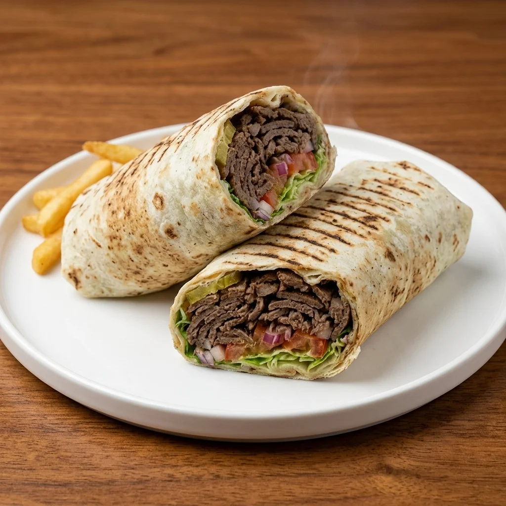 Beef donair wrap with sweet donair sauce, tomato and onion at Shawarma Grill, Centre Avenue East, Airdrie